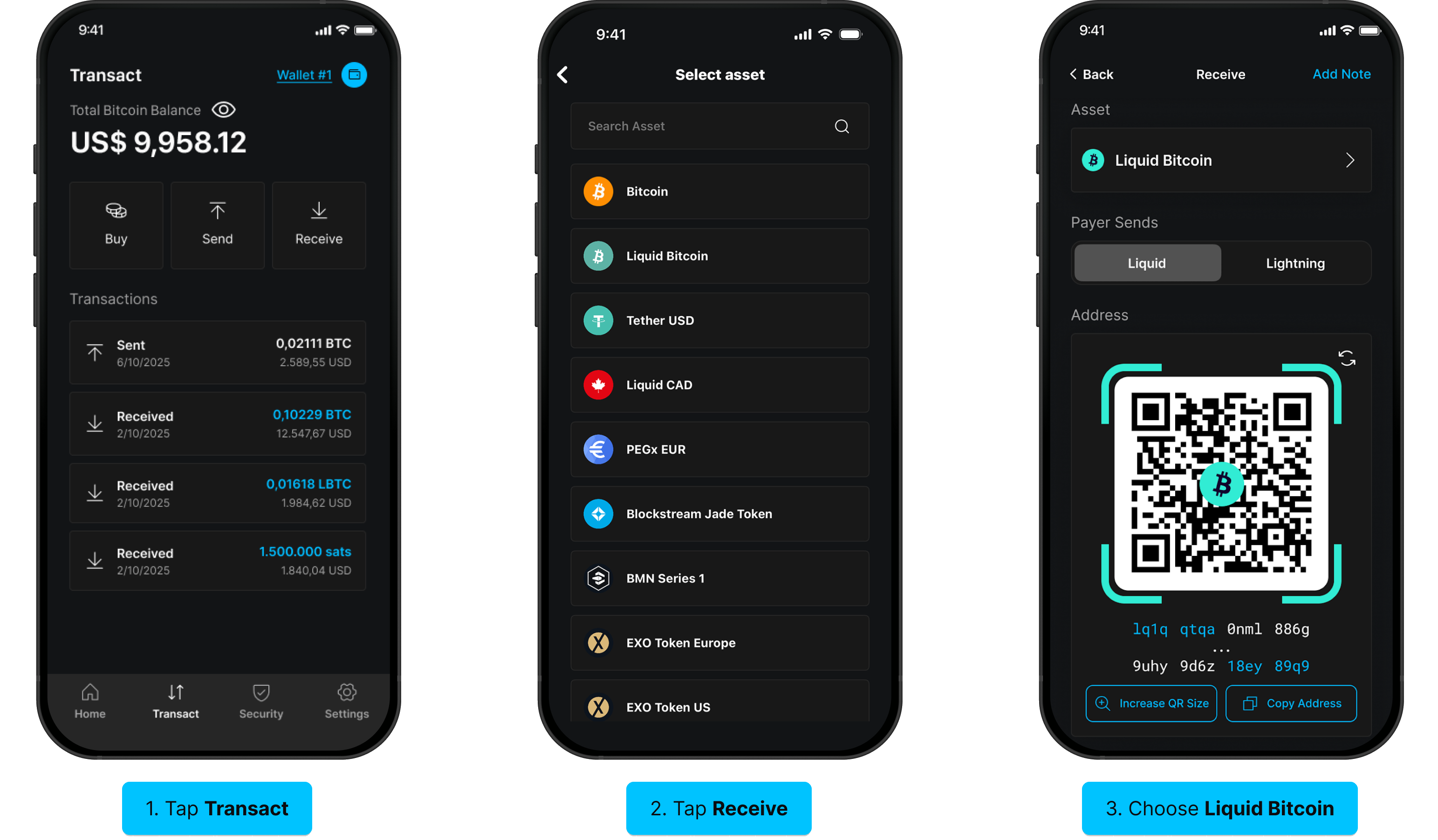 Receive LBTC via Lightning: tap Receive, choose Liquid Bitcoin, select Lightning