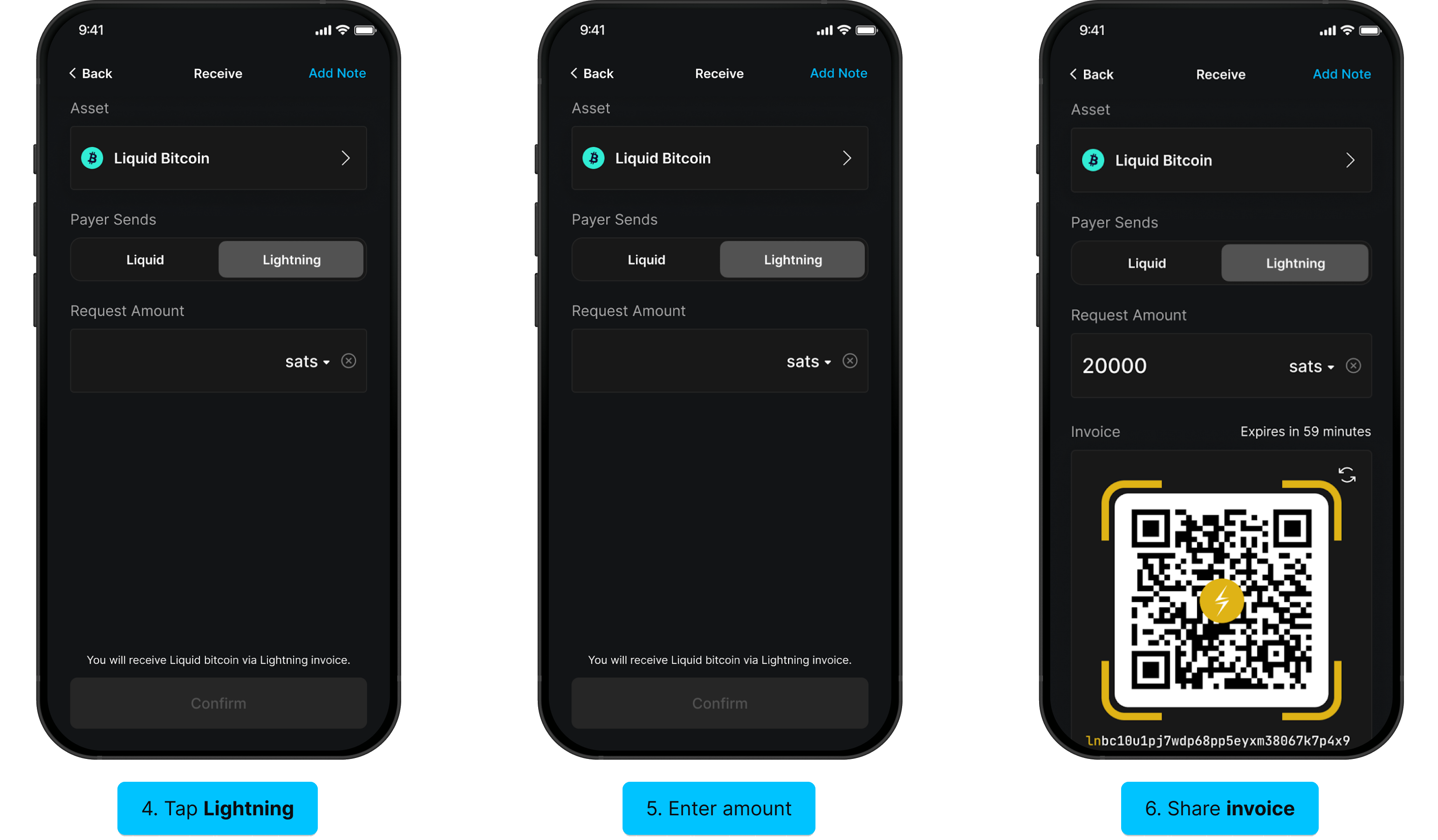 Receive LBTC via Lightning: enter amount, generate Lightning invoice