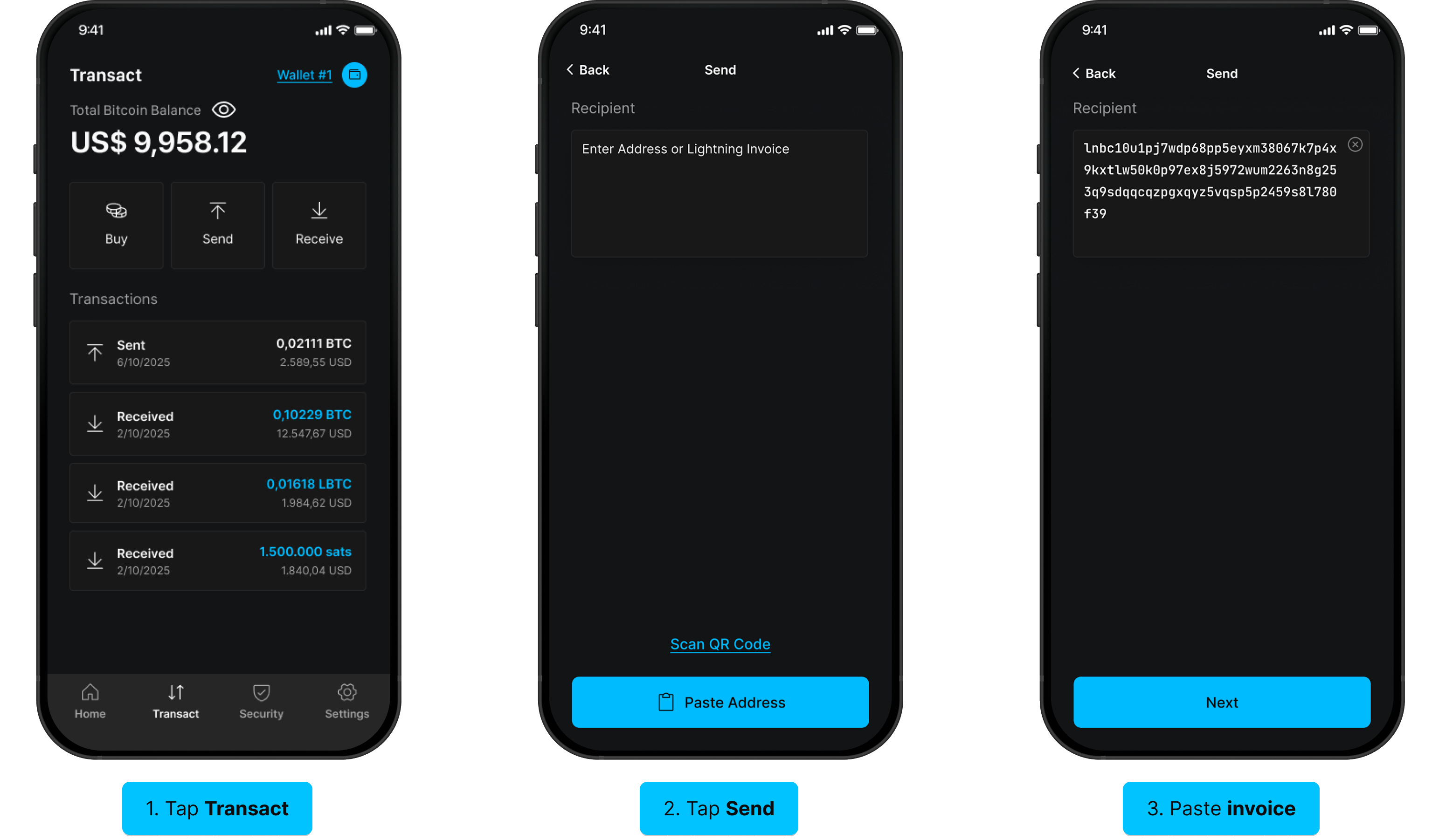 Pay Lightning invoice with LBTC: tap Send, paste invoice, select Liquid