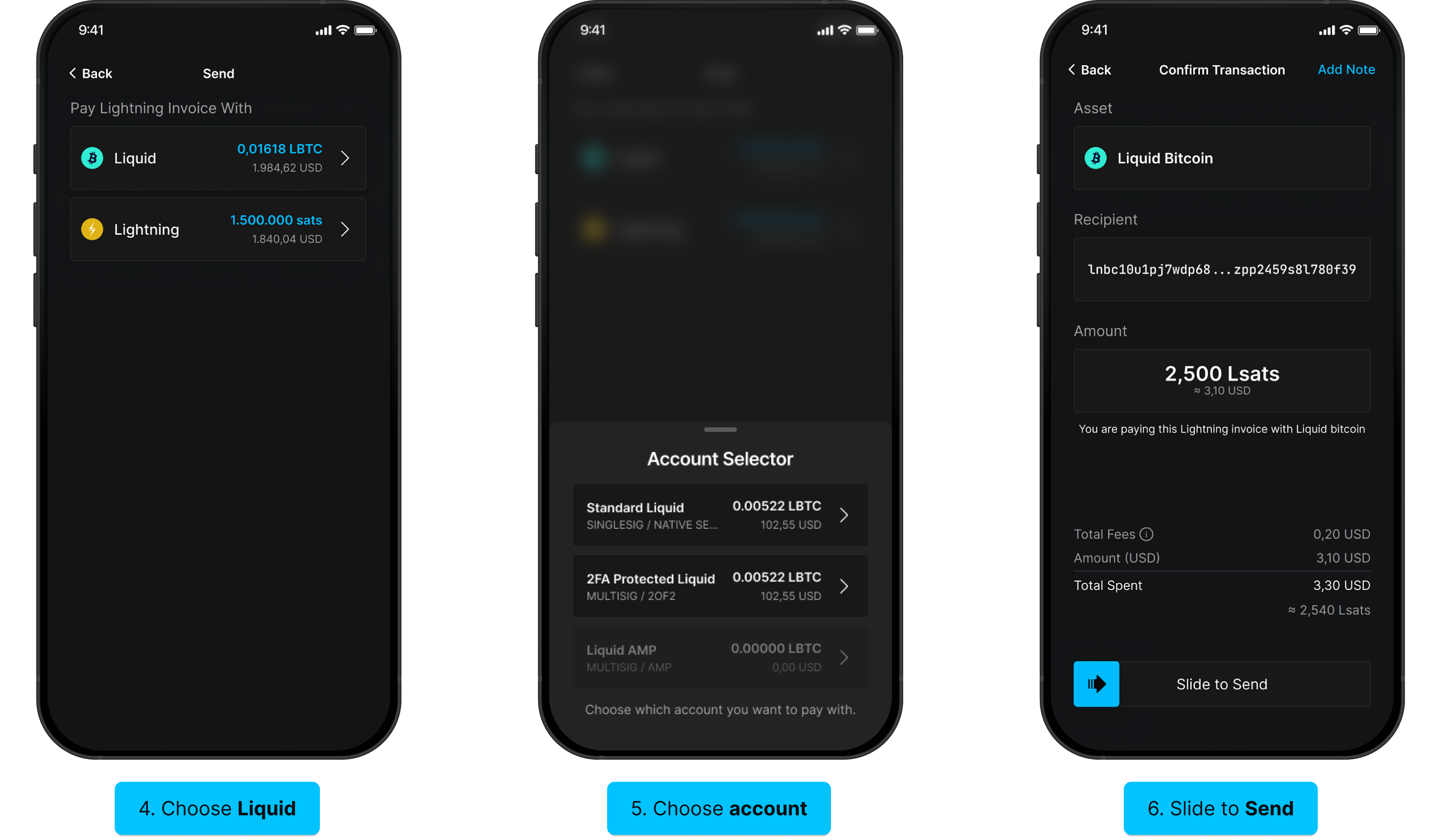 Pay Lightning invoice with LBTC: select account, confirm, slide to Send