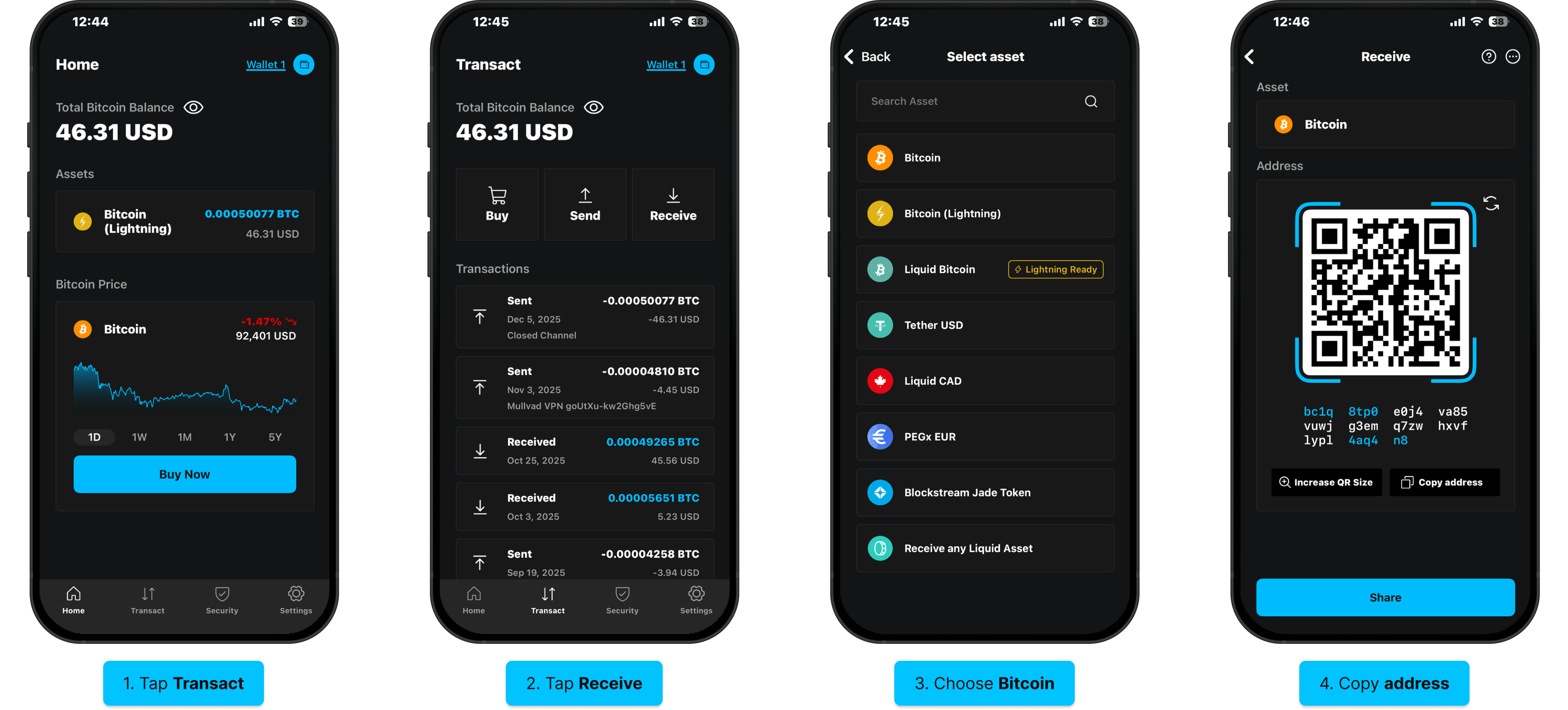 Transfer Lightning balance: receive a Bitcoin address (tap Receive, choose Bitcoin, copy address)