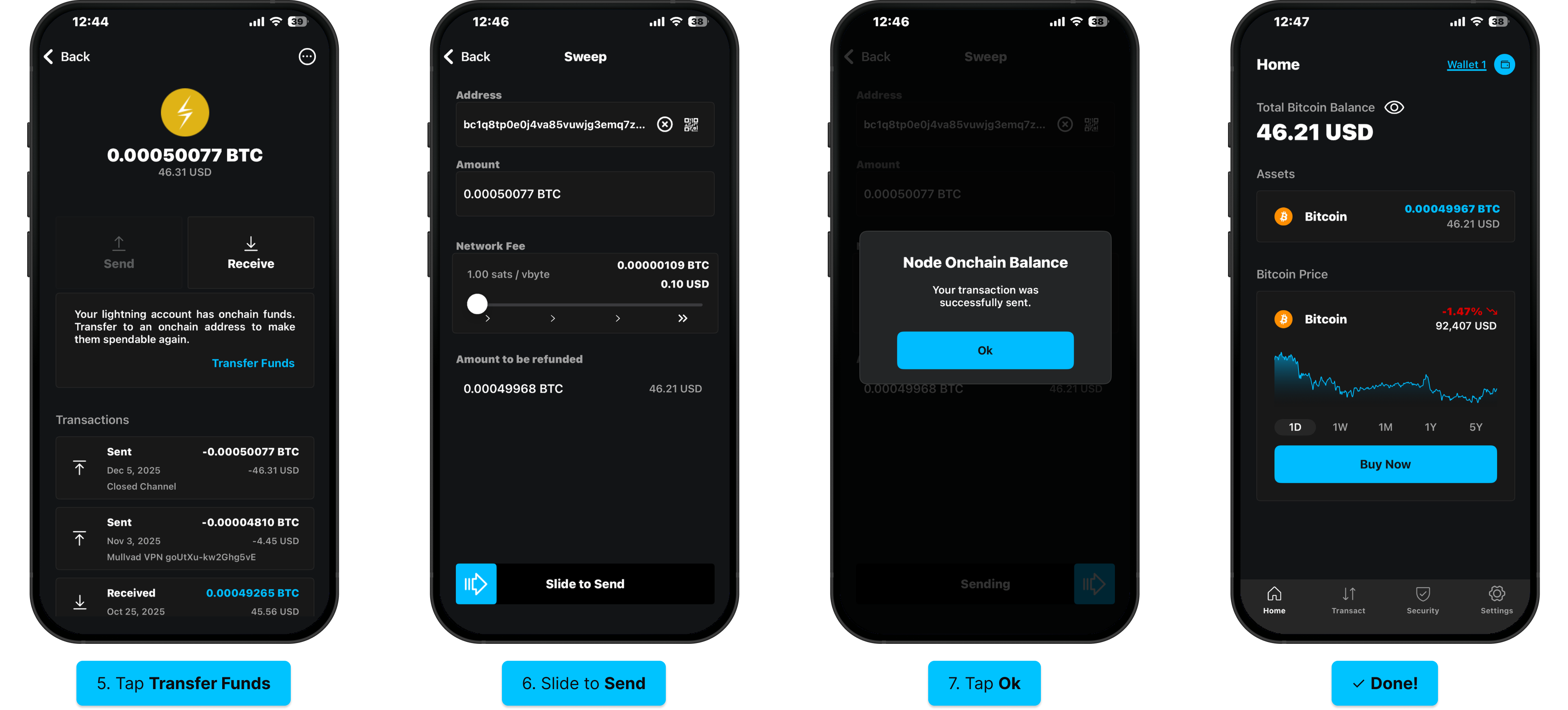 Transfer Lightning balance: tap Lightning balance, Transfer Funds, paste address, slide to Send